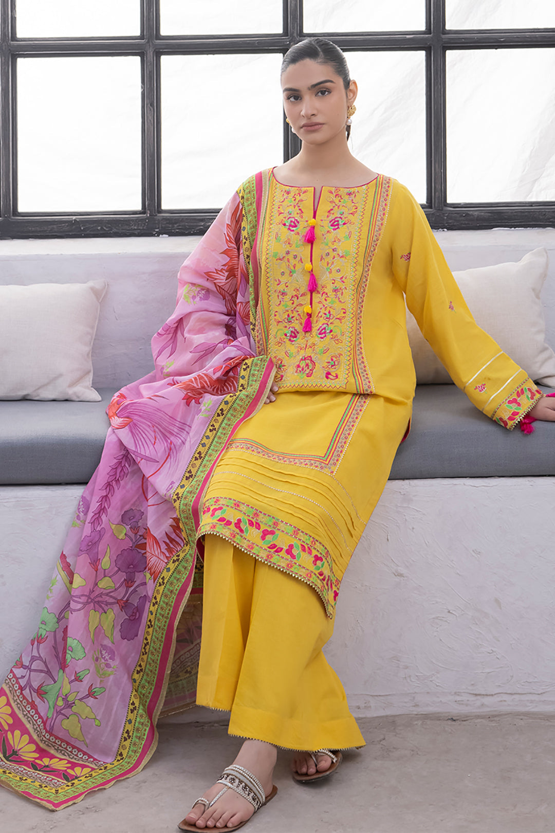 Zellbury | Unstitched 3 Piece Yellow | Embroidered Shirt Shalwar Dupatta - 1126 - Libasekhas
