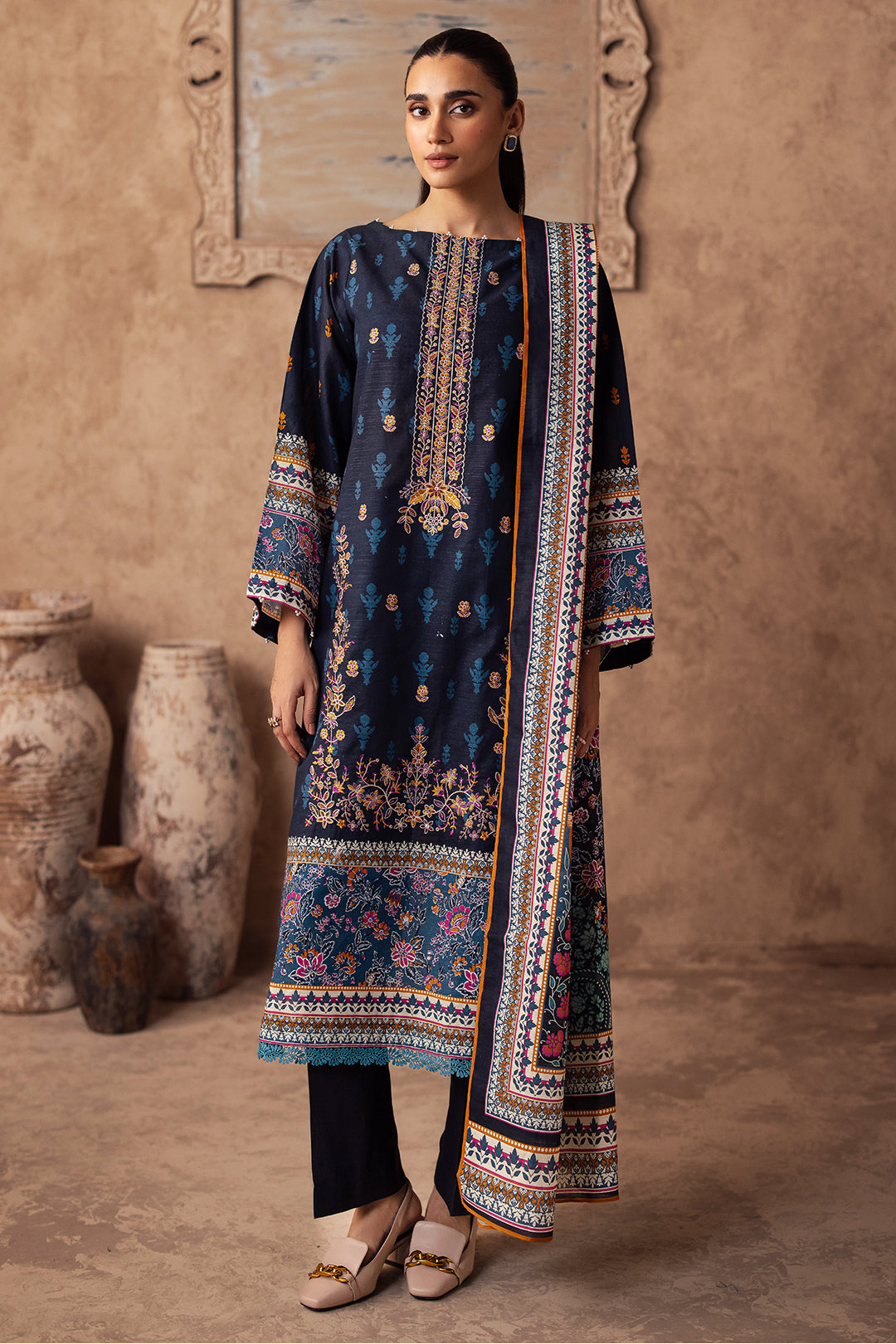 Zellbury | Unstitched 3 Piece Khaddar | Embroidered Shirt Shalwar Dupatta - 0225 - Libasekhas