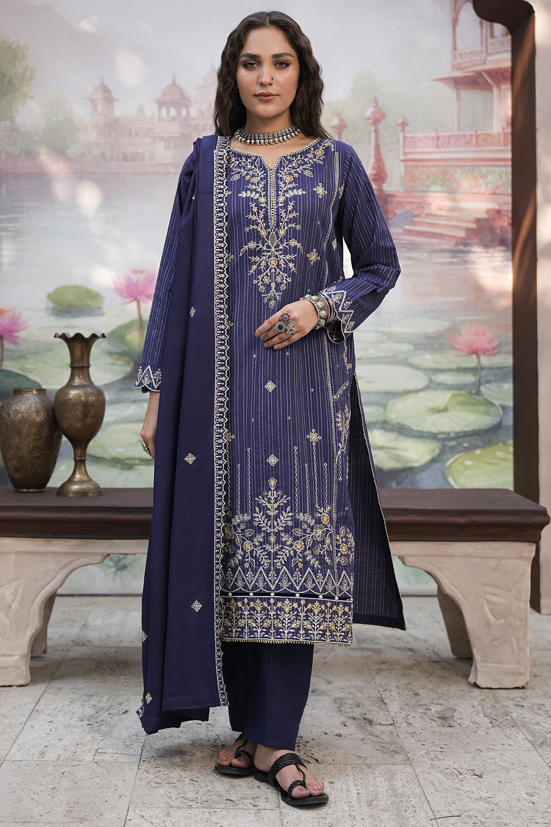 Zellbury | Unstitched 3 Piece Khaddar | Embroidered Shirt Shalwar Shawl - 0409 - Libasekhas