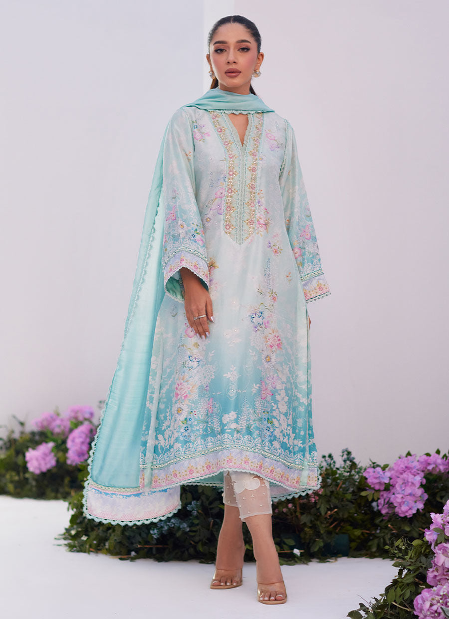 Farah Talib Aziz | Zaza Prints 24 | CYAN OMBRE SHIRT AND DUPATTA - House Of Anaya