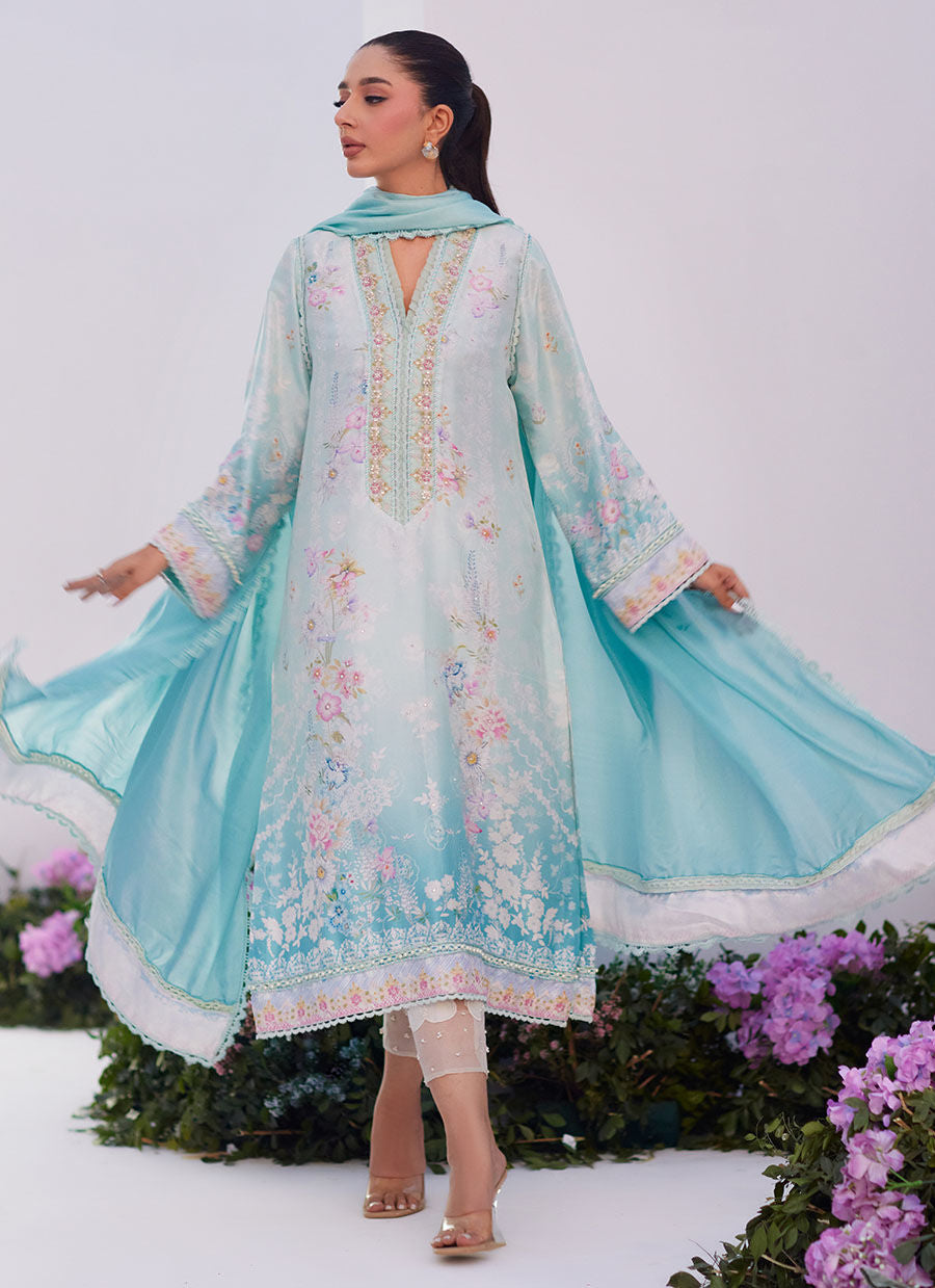 Farah Talib Aziz | Zaza Prints 24 | CYAN OMBRE SHIRT AND DUPATTA - House Of Anaya