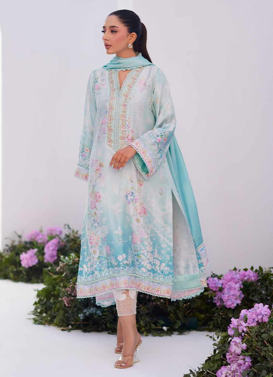 Farah Talib Aziz | Zaza Prints 24 | CYAN OMBRE SHIRT AND DUPATTA - House Of Anaya