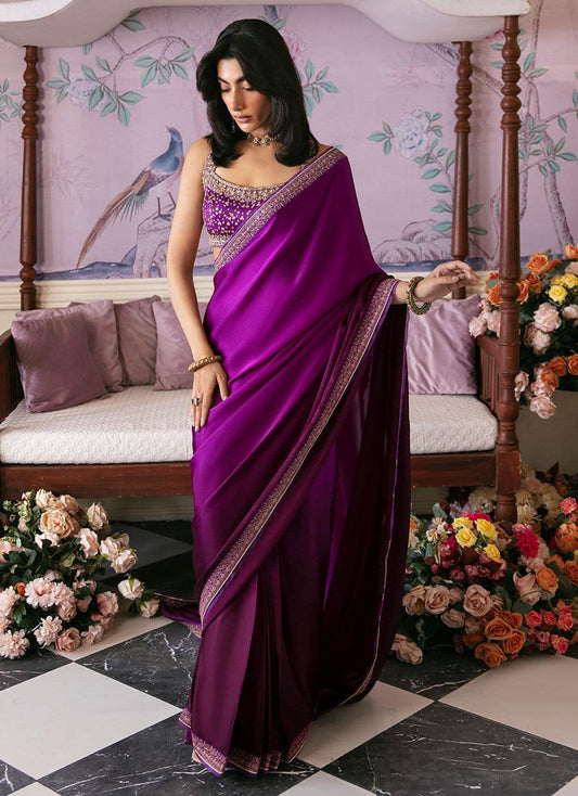 Farah Talib Aziz | Mayna Festive Luxe | AIGUL AUBERGINE SAREE - House Of Anaya