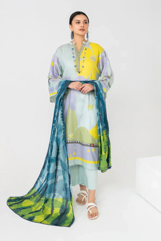 Ittehad | Printed Lawn 24 | IP3P07-3PS-LGR - House Of Anaya