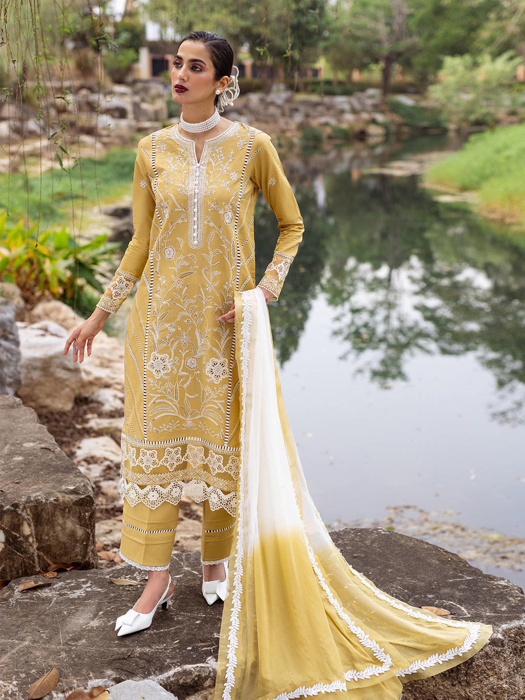 Roheenaz | Dahlia Embroidered Lawn 24 | Forsythia - House Of Anaya