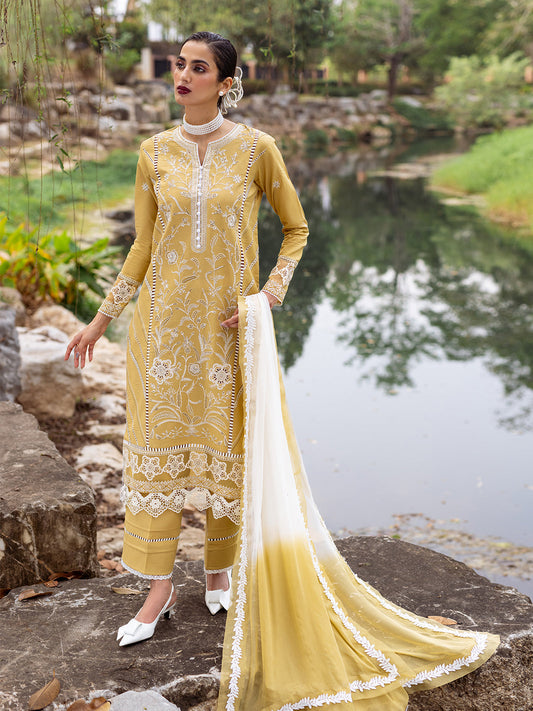 Roheenaz | Dahlia Embroidered Lawn 24 | Forsythia - House Of Anaya