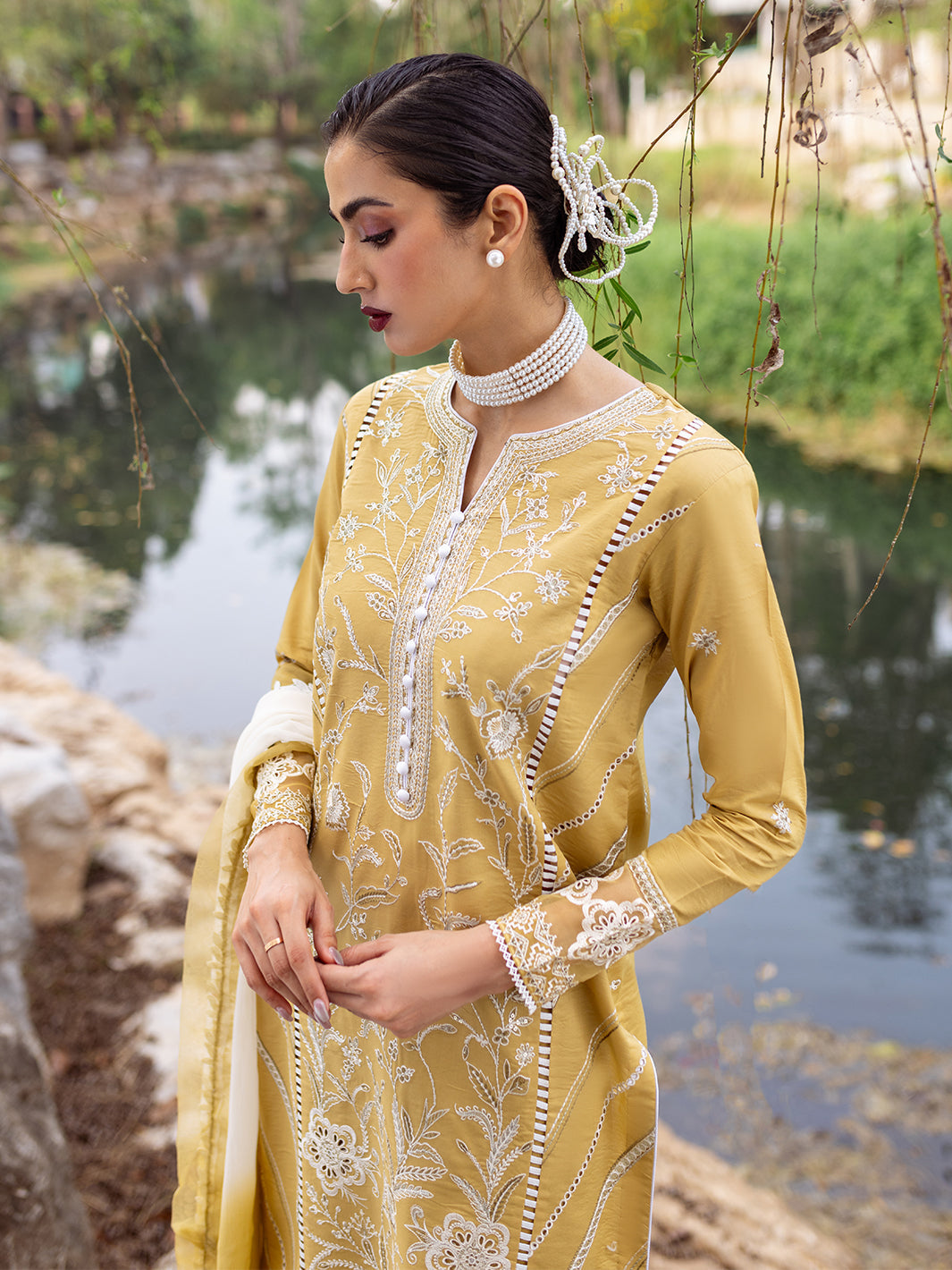 Roheenaz | Dahlia Embroidered Lawn 24 | Forsythia - House Of Anaya