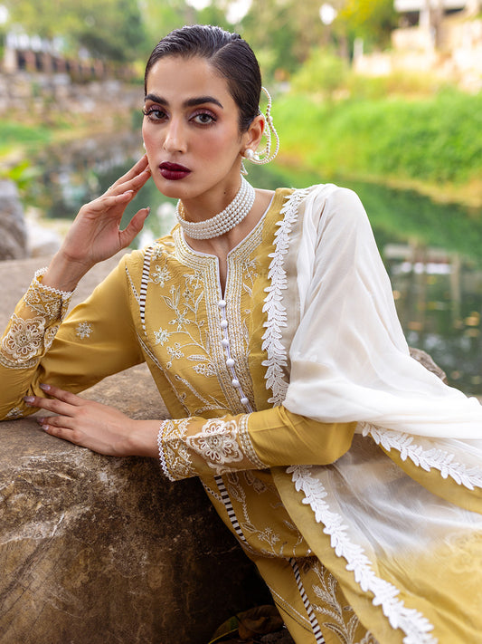 Roheenaz | Dahlia Embroidered Lawn 24 | Forsythia - House Of Anaya