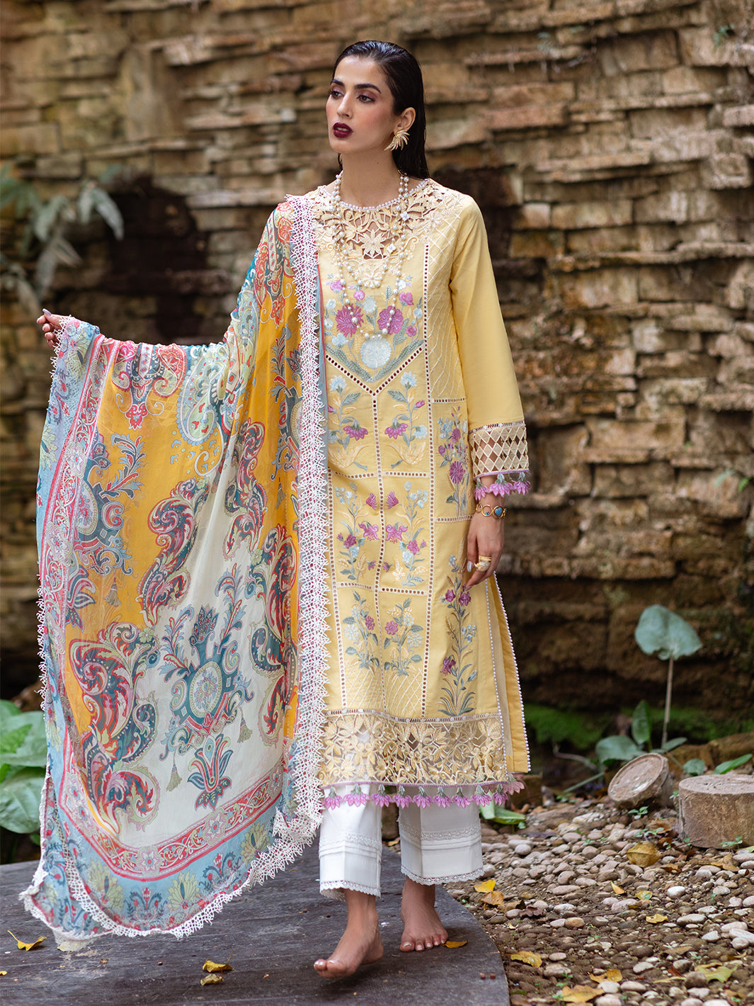 Roheenaz | Dahlia Embroidered Lawn 24 | Daffodil - House Of Anaya