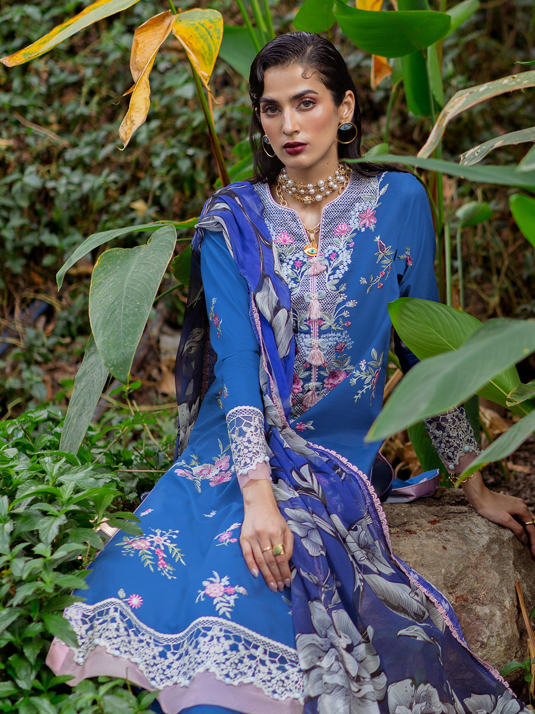 Roheenaz | Dahlia Embroidered Lawn 24 | Bluebell - House Of Anaya