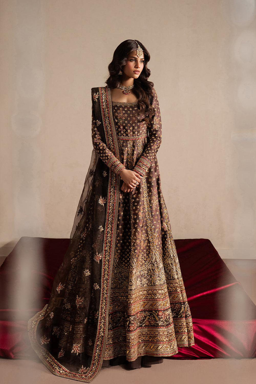 Ayzel Nazaakat Dark Brown Panelled Anarkali Pakistani Designer Dresses