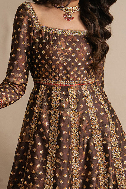 Ayzel Nazaakat Dark Brown Panelled Anarkali Pakistani Designer Dresses