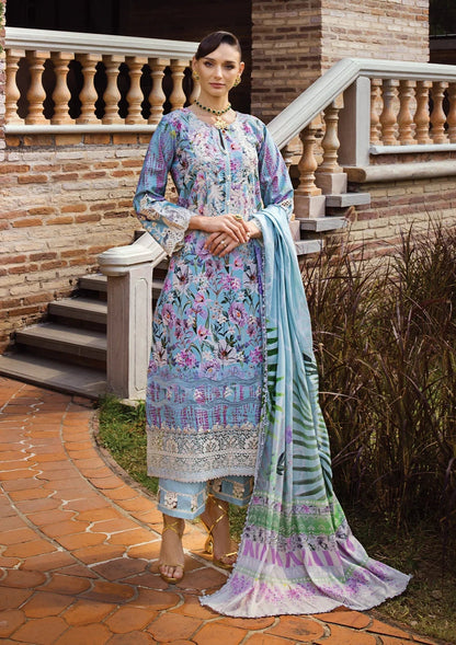 Elaf Premium Print Chikankari Lawn Unstitched 3Pc Suit ECT-03A OCEAN BLUE