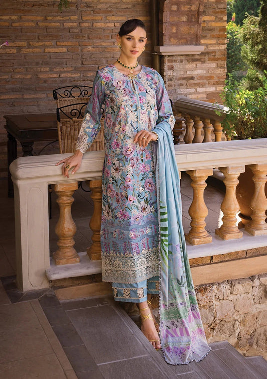 Elaf Premium Print Chikankari Lawn Unstitched 3Pc Suit ECT-03A OCEAN BLUE