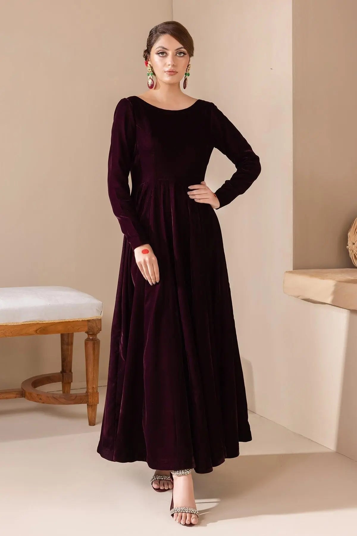 SOLID VELVET FROCK PR-854 - House Of Anaya