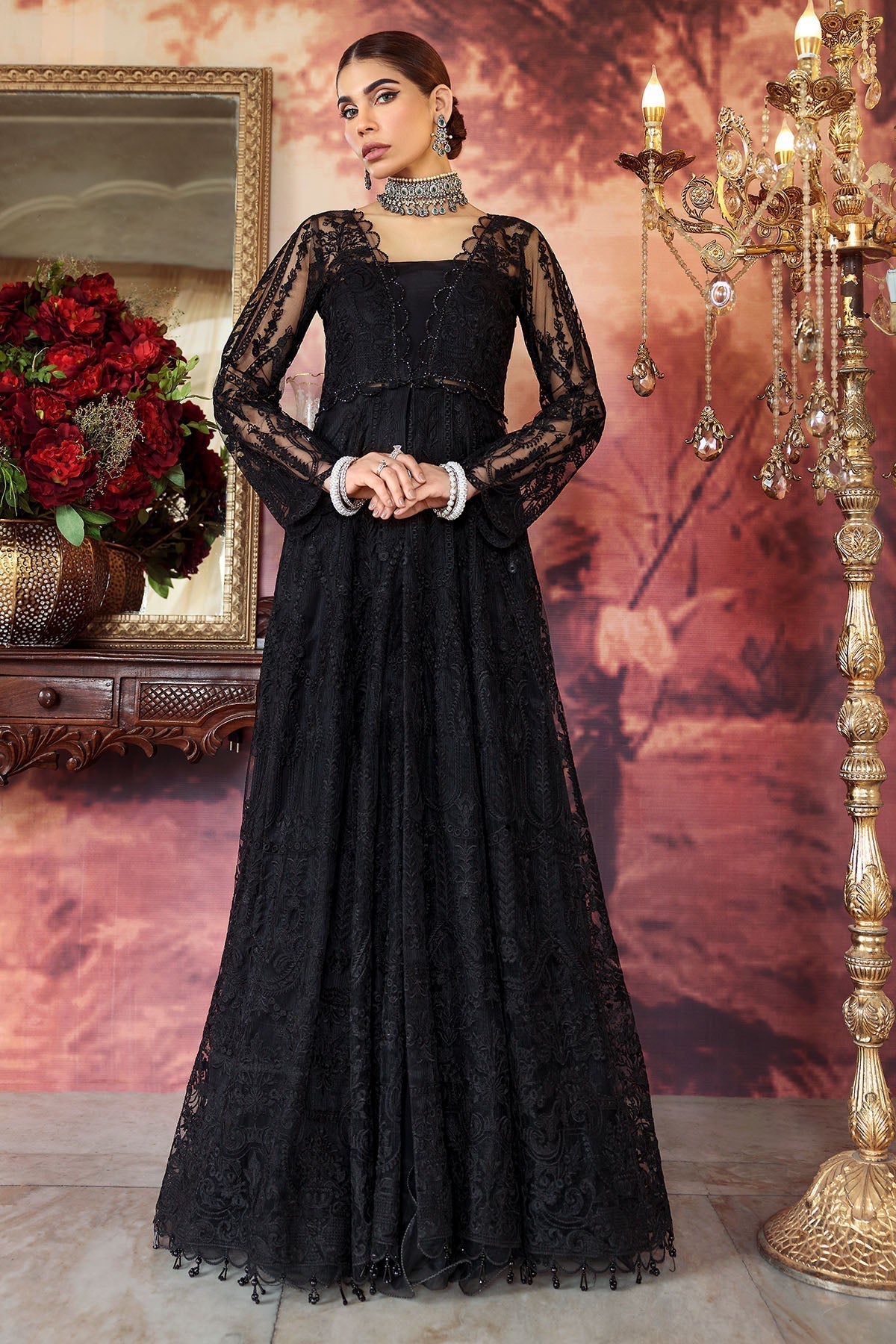 Motifz-2777-BLACK EMBROIDERED SILK NET FABRIC