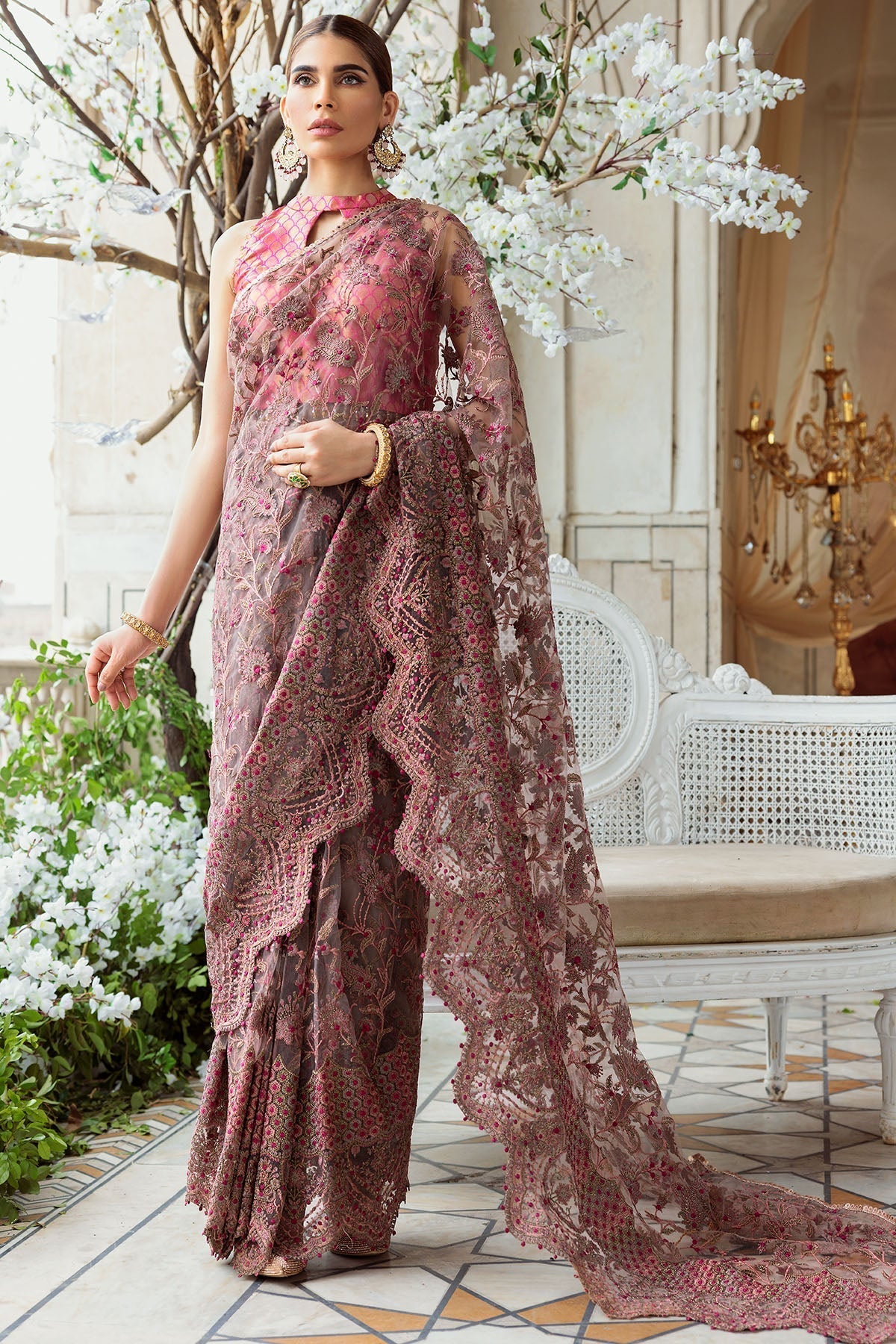 Motifz-3185-BROWN EMBROIDERED SILK NET FABRIC