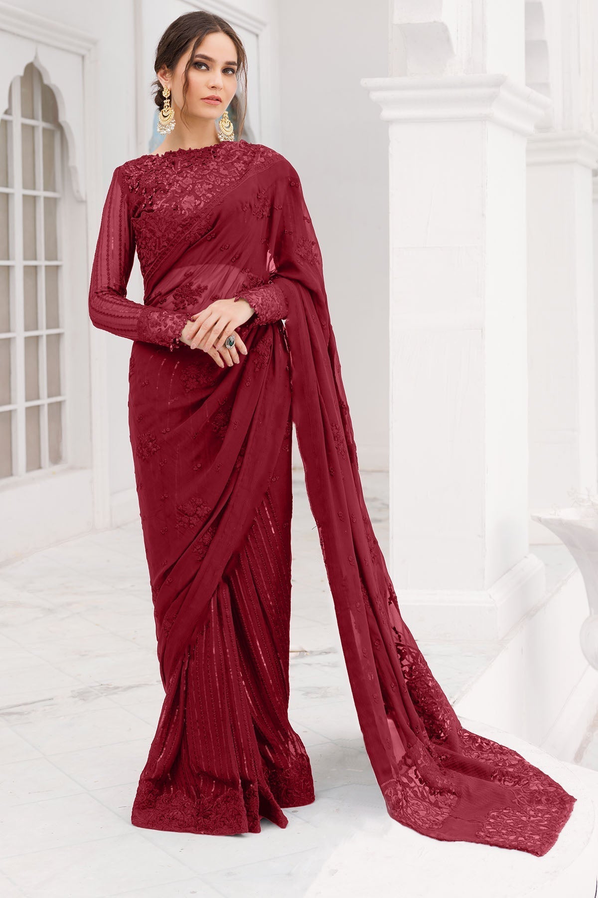 Motifz-4037-RED EMBROIDERED BEMBERG CHIFFON