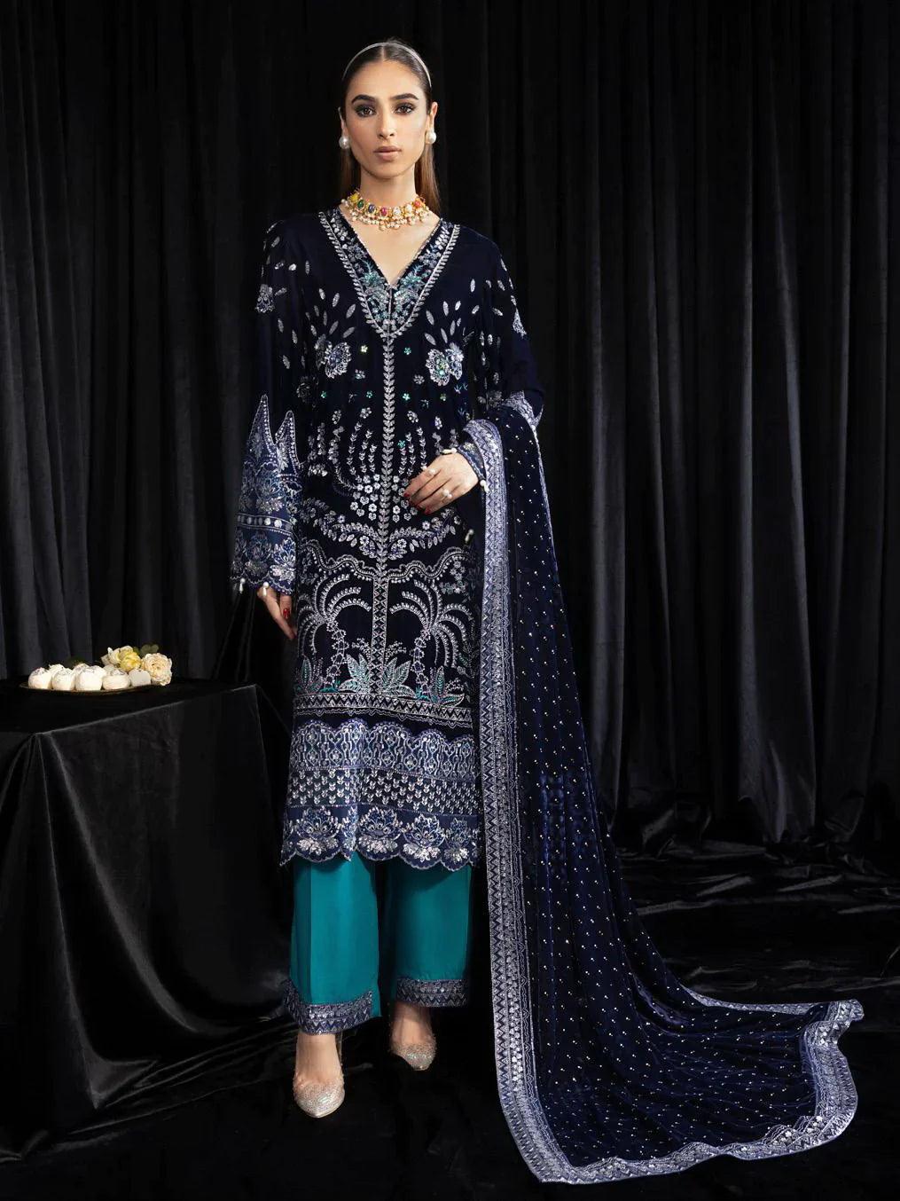 NUREH Maya Embroidered Velvet 3Pc Suit NS-105 SAFEENA - House Of Anaya