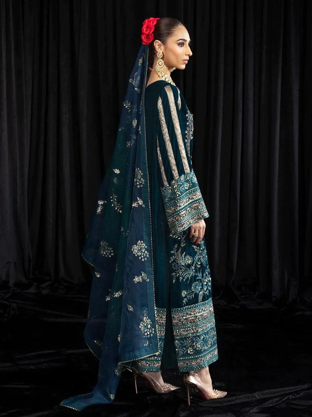 NUREH Maya Embroidered Velvet 3Pc Suit NS-107 LEHAR - House Of Anaya