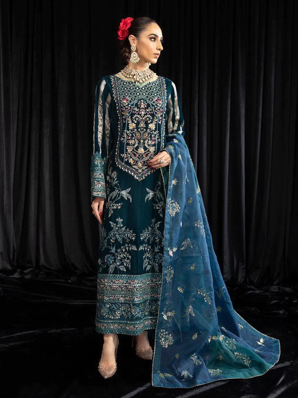 NUREH Maya Embroidered Velvet 3Pc Suit NS-107 LEHAR - House Of Anaya