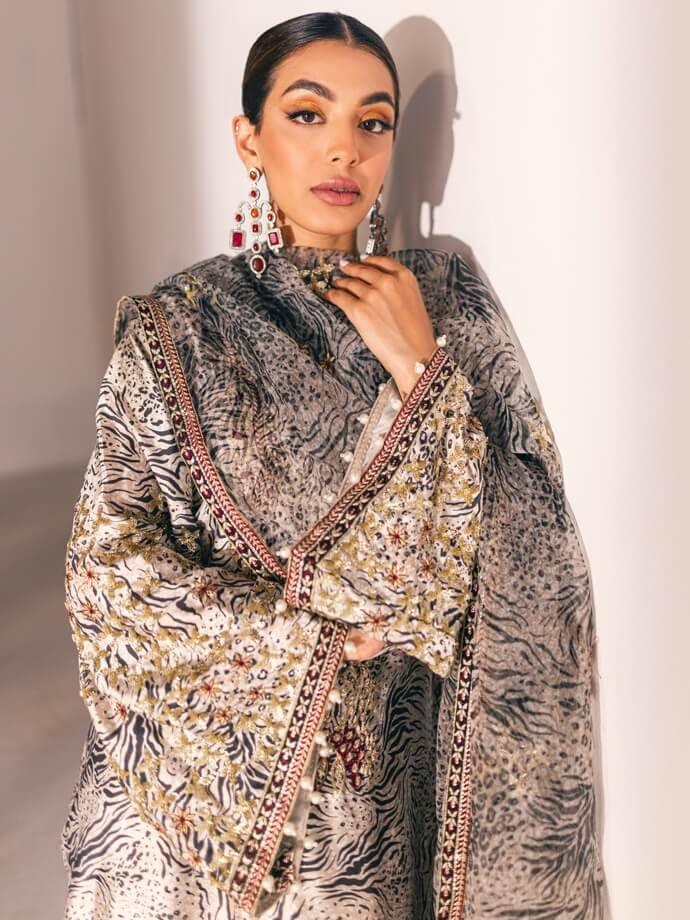 NUREH Embroidered Charmeuse Printed Silk 3Pc Suit S-05 - House Of Anaya