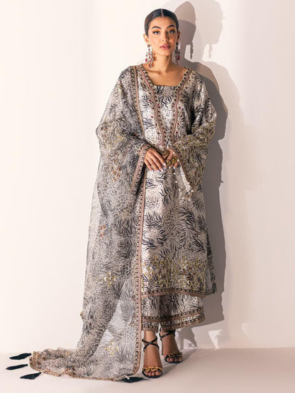 NUREH Embroidered Charmeuse Printed Silk 3Pc Suit S-05 - House Of Anaya