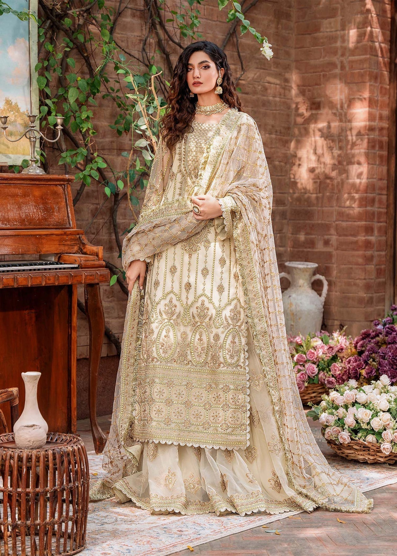 Akbar Aslam Mastani Embroidered Net 3Pc Suit - MEHRUNISA